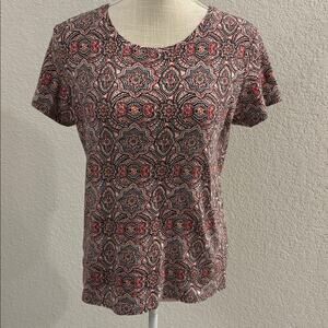 St. John's Bay Brown Cream Floral Abstract 100% Cotton Casual Top Blouse - M